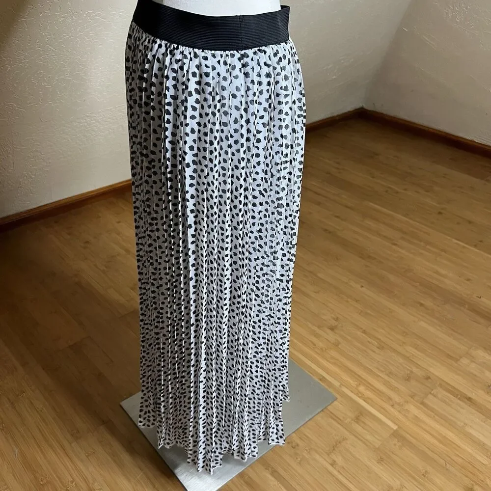 3/$25 Rachel Zoe Black White Dot Pleated Midi Skirt Womens M